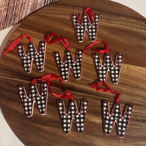 Black and White Checkered 'W' Ornaments with Red Trim